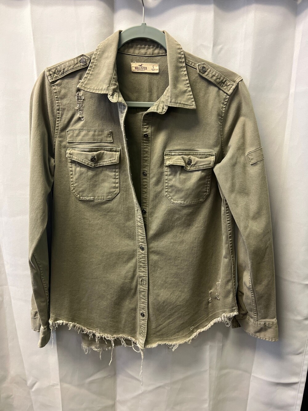 Hollister Military Style Shirt Jacket Small Olive Green Distressed